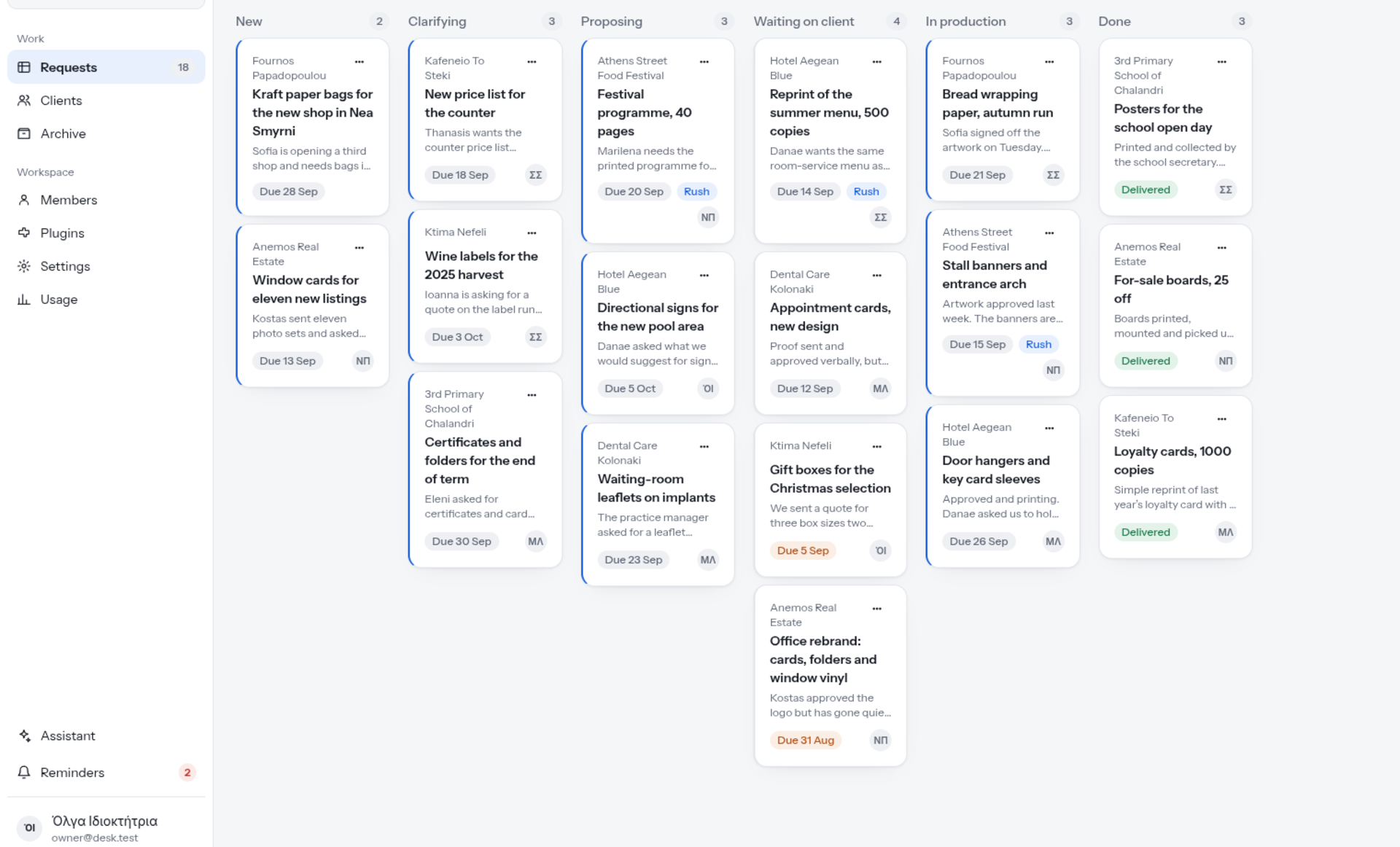 jobdesk-Anfrageboard mit Jobs in verschiedenen Stufen